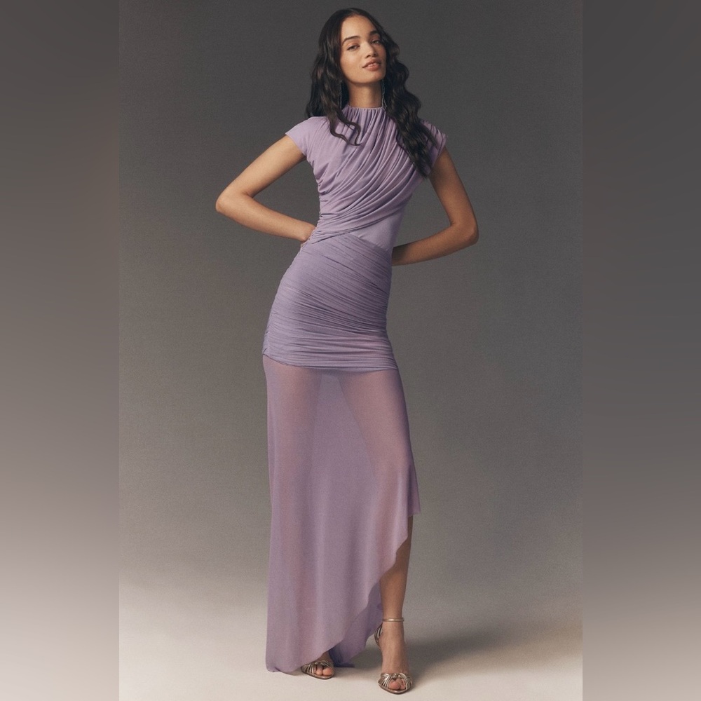 Deme by Gabriella Ruched Cape Maxi Dress in Lilac